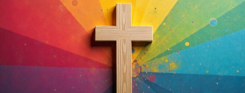 A wooden cross against a rainbow background